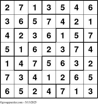 The grouppuzzles.com Answer grid for the Sudoku-7 puzzle for Tuesday May 13, 2025