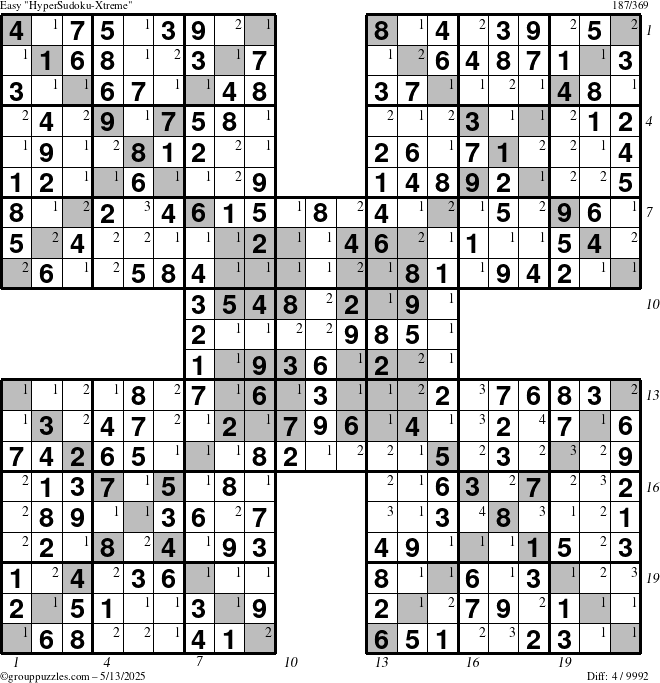 The grouppuzzles.com Easy HyperSudoku-Xtreme puzzle for Tuesday May 13, 2025 with all 4 steps marked