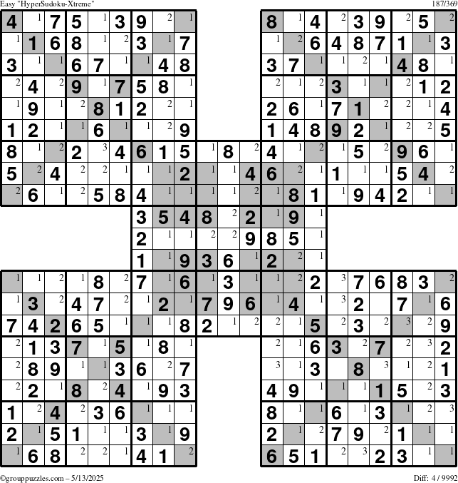The grouppuzzles.com Easy HyperSudoku-Xtreme puzzle for Tuesday May 13, 2025 with the first 3 steps marked