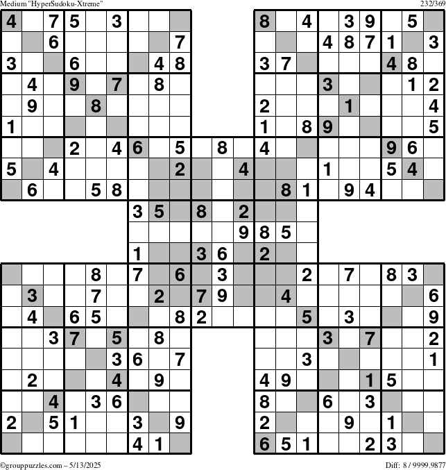 The grouppuzzles.com Medium HyperSudoku-Xtreme puzzle for Tuesday May 13, 2025