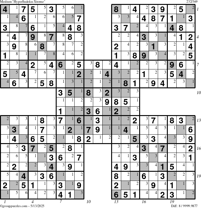 The grouppuzzles.com Medium HyperSudoku-Xtreme puzzle for Tuesday May 13, 2025 with all 8 steps marked
