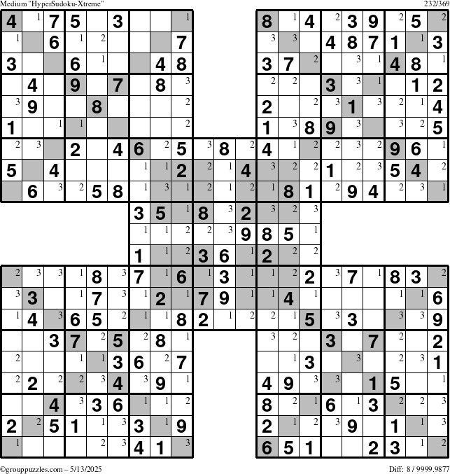 The grouppuzzles.com Medium HyperSudoku-Xtreme puzzle for Tuesday May 13, 2025 with the first 3 steps marked
