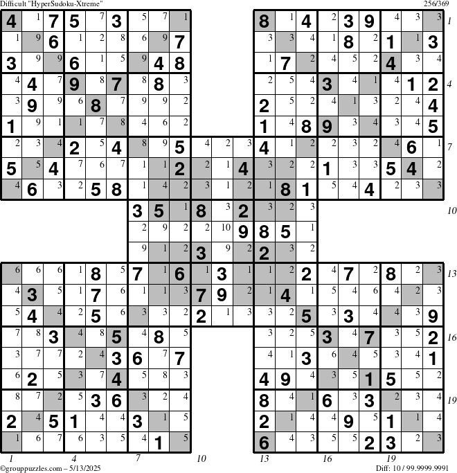 The grouppuzzles.com Difficult HyperSudoku-Xtreme puzzle for Tuesday May 13, 2025 with all 10 steps marked