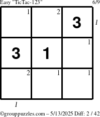 The grouppuzzles.com Easy TicTac-123 puzzle for Tuesday May 13, 2025 with all 2 steps marked
