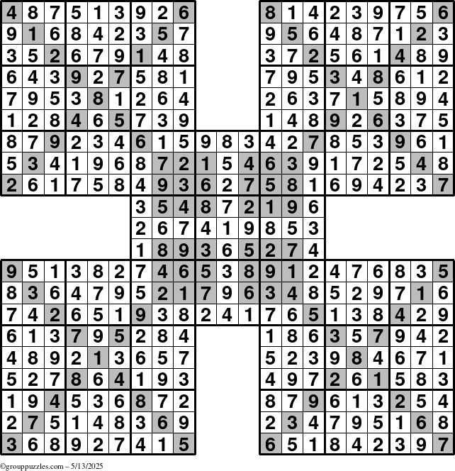 The grouppuzzles.com Answer grid for the HyperSudoku-Xtreme puzzle for Tuesday May 13, 2025