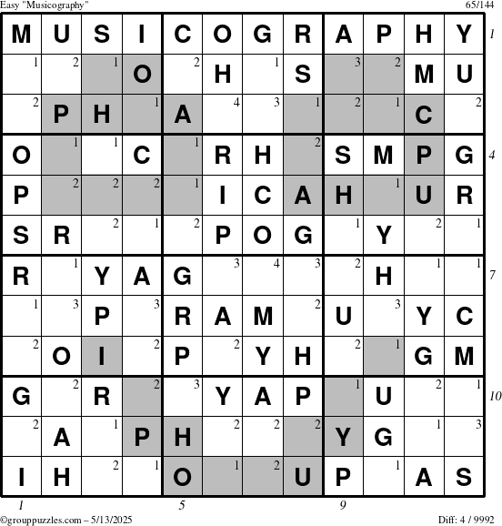 The grouppuzzles.com Easy Musicography puzzle for Tuesday May 13, 2025 with all 4 steps marked
