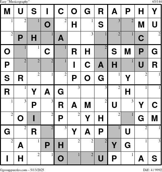 The grouppuzzles.com Easy Musicography puzzle for Tuesday May 13, 2025 with the first 3 steps marked