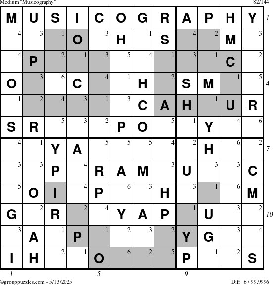 The grouppuzzles.com Medium Musicography puzzle for Tuesday May 13, 2025 with all 6 steps marked