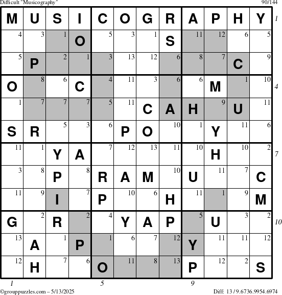 The grouppuzzles.com Difficult Musicography puzzle for Tuesday May 13, 2025 with all 13 steps marked