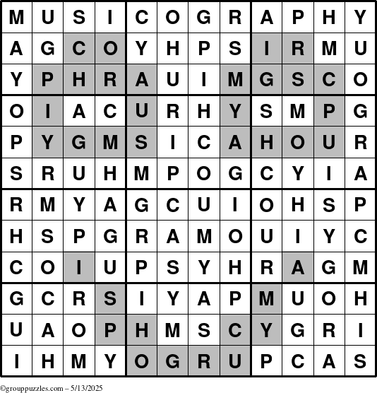 The grouppuzzles.com Answer grid for the Musicography puzzle for Tuesday May 13, 2025