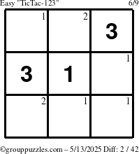 The grouppuzzles.com Easy TicTac-123 puzzle for Tuesday May 13, 2025 with the first 2 steps marked