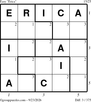 The grouppuzzles.com Easy Erica puzzle for Wednesday September 23, 2026, suitable for printing, with all 3 steps marked