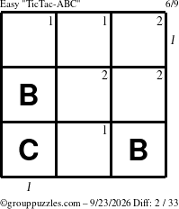 The grouppuzzles.com Easy TicTac-ABC puzzle for Wednesday September 23, 2026, suitable for printing, with all 2 steps marked