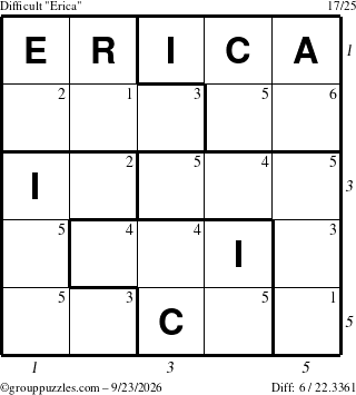 The grouppuzzles.com Difficult Erica puzzle for Wednesday September 23, 2026, suitable for printing, with all 6 steps marked