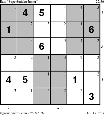 The grouppuzzles.com Easy SuperSudoku-Junior puzzle for Wednesday September 23, 2026, suitable for printing, with all 4 steps marked