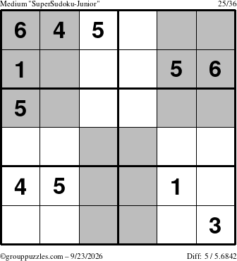 The grouppuzzles.com Medium SuperSudoku-Junior puzzle for Wednesday September 23, 2026