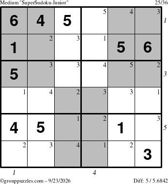 The grouppuzzles.com Medium SuperSudoku-Junior puzzle for Wednesday September 23, 2026 with all 5 steps marked