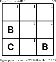 The grouppuzzles.com Easy TicTac-ABC puzzle for Wednesday September 23, 2026 with the first 2 steps marked