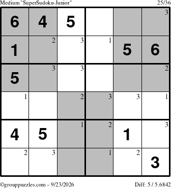 The grouppuzzles.com Medium SuperSudoku-Junior puzzle for Wednesday September 23, 2026 with the first 3 steps marked