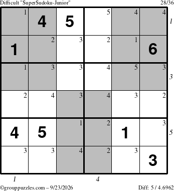 The grouppuzzles.com Difficult SuperSudoku-Junior puzzle for Wednesday September 23, 2026 with all 5 steps marked