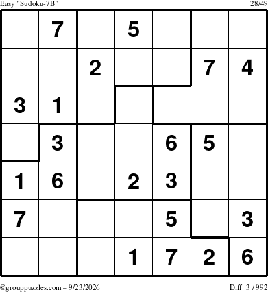 The grouppuzzles.com Easy Sudoku-7B puzzle for Wednesday September 23, 2026