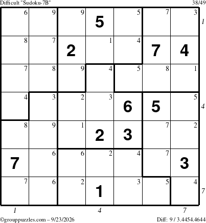 The grouppuzzles.com Difficult Sudoku-7B puzzle for Wednesday September 23, 2026 with all 9 steps marked