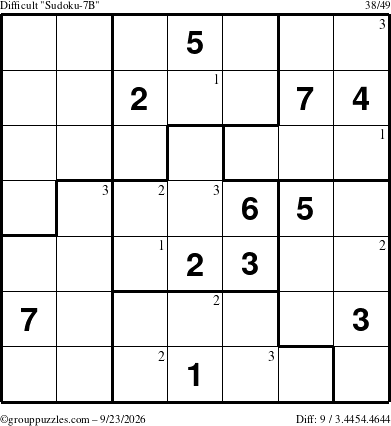 The grouppuzzles.com Difficult Sudoku-7B puzzle for Wednesday September 23, 2026 with the first 3 steps marked