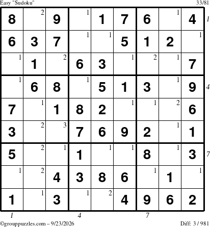 The grouppuzzles.com Easy Sudoku puzzle for Wednesday September 23, 2026, suitable for printing, with all 3 steps marked