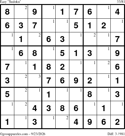 The grouppuzzles.com Easy Sudoku puzzle for Wednesday September 23, 2026 with the first 3 steps marked