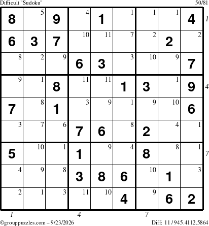 The grouppuzzles.com Difficult Sudoku puzzle for Wednesday September 23, 2026 with all 11 steps marked