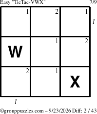 The grouppuzzles.com Easy TicTac-VWX puzzle for Wednesday September 23, 2026 with all 2 steps marked