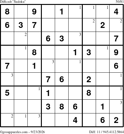 The grouppuzzles.com Difficult Sudoku puzzle for Wednesday September 23, 2026 with the first 3 steps marked