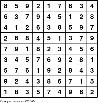 The grouppuzzles.com Answer grid for the Sudoku puzzle for Wednesday September 23, 2026