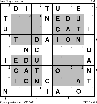 The grouppuzzles.com Easy HyperEducation-i23 puzzle for Wednesday September 23, 2026, suitable for printing, with all 3 steps marked