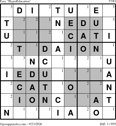 The grouppuzzles.com Easy HyperEducation-i23 puzzle for Wednesday September 23, 2026 with the first 3 steps marked
