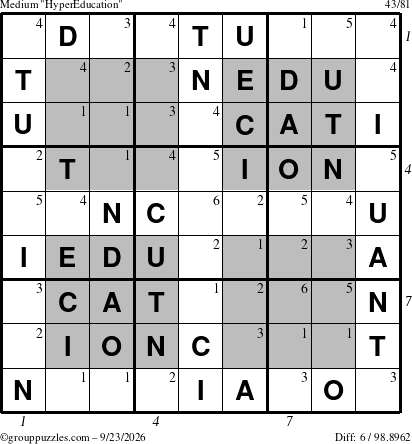 The grouppuzzles.com Medium HyperEducation-i23 puzzle for Wednesday September 23, 2026, suitable for printing, with all 6 steps marked