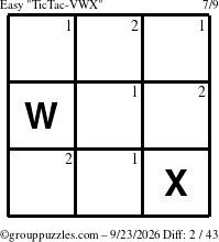 The grouppuzzles.com Easy TicTac-VWX puzzle for Wednesday September 23, 2026 with the first 2 steps marked