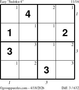 The grouppuzzles.com Easy Sudoku-4 puzzle for Saturday April 18, 2026 with all 3 steps marked