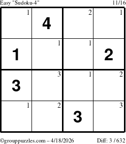 The grouppuzzles.com Easy Sudoku-4 puzzle for Saturday April 18, 2026 with the first 3 steps marked
