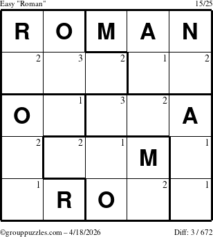 The grouppuzzles.com Easy Roman puzzle for Saturday April 18, 2026 with the first 3 steps marked