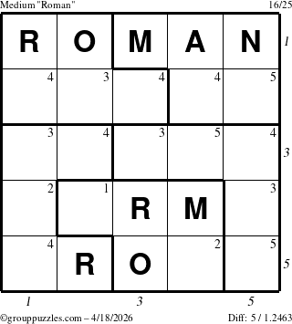 The grouppuzzles.com Medium Roman puzzle for Saturday April 18, 2026, suitable for printing, with all 5 steps marked