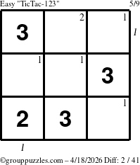 The grouppuzzles.com Easy TicTac-123 puzzle for Saturday April 18, 2026, suitable for printing, with all 2 steps marked