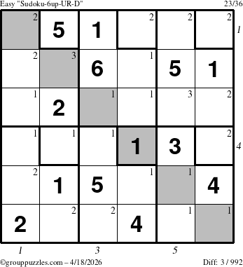 The grouppuzzles.com Easy Sudoku-6up-UR-D puzzle for Saturday April 18, 2026, suitable for printing, with all 3 steps marked