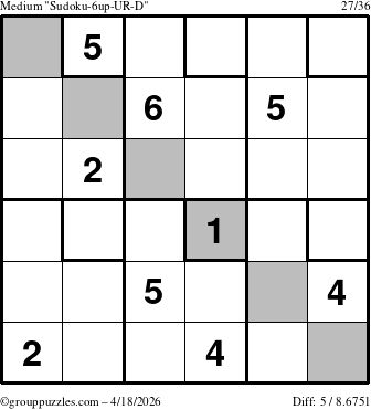 The grouppuzzles.com Medium Sudoku-6up-UR-D puzzle for Saturday April 18, 2026