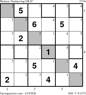 The grouppuzzles.com Medium Sudoku-6up-UR-D puzzle for Saturday April 18, 2026, suitable for printing, with all 5 steps marked
