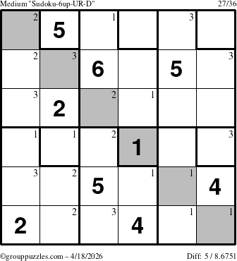The grouppuzzles.com Medium Sudoku-6up-UR-D puzzle for Saturday April 18, 2026 with the first 3 steps marked