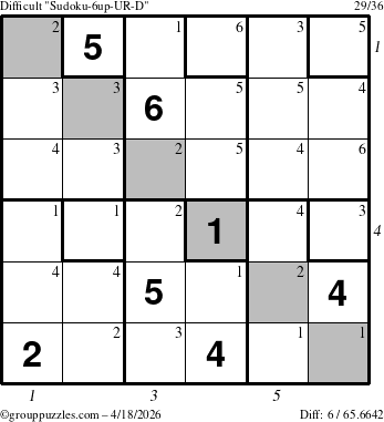 The grouppuzzles.com Difficult Sudoku-6up-UR-D puzzle for Saturday April 18, 2026, suitable for printing, with all 6 steps marked