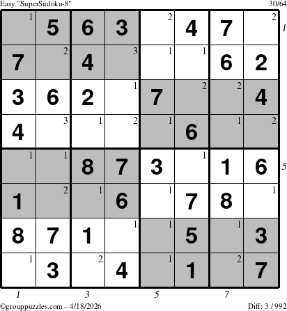 The grouppuzzles.com Easy SuperSudoku-8 puzzle for Saturday April 18, 2026, suitable for printing, with all 3 steps marked
