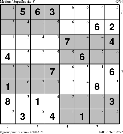 The grouppuzzles.com Medium SuperSudoku-8 puzzle for Saturday April 18, 2026 with all 7 steps marked