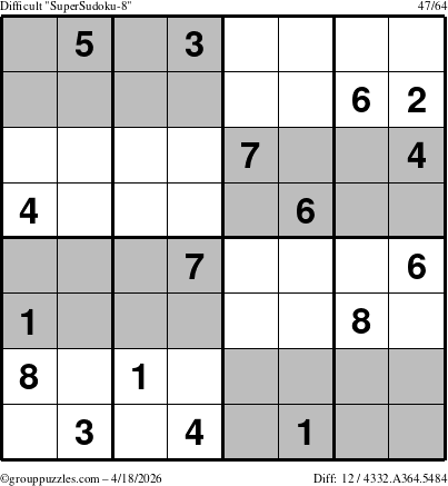 The grouppuzzles.com Difficult SuperSudoku-8 puzzle for Saturday April 18, 2026